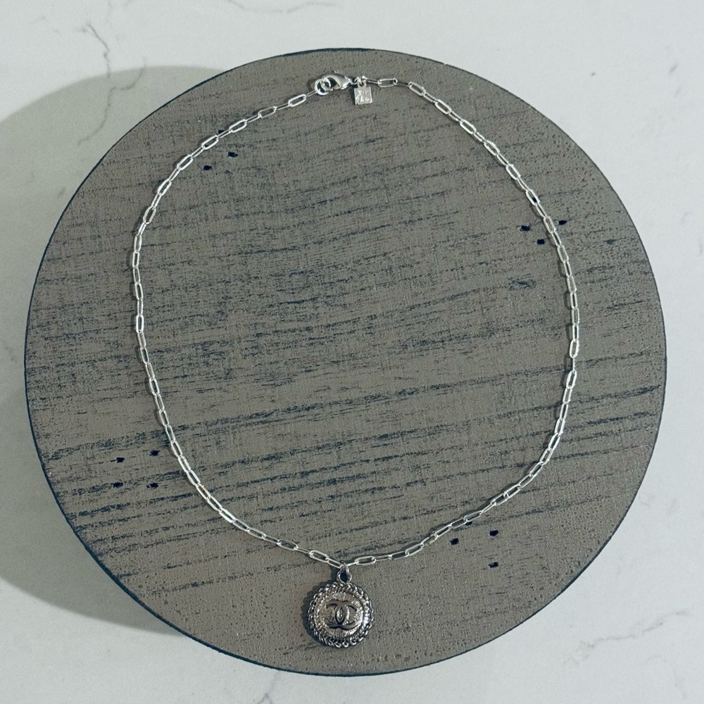 Chanel 3/4” Silver Button Pendant on 18” Silver Paperclip Necklace. Never Worn!